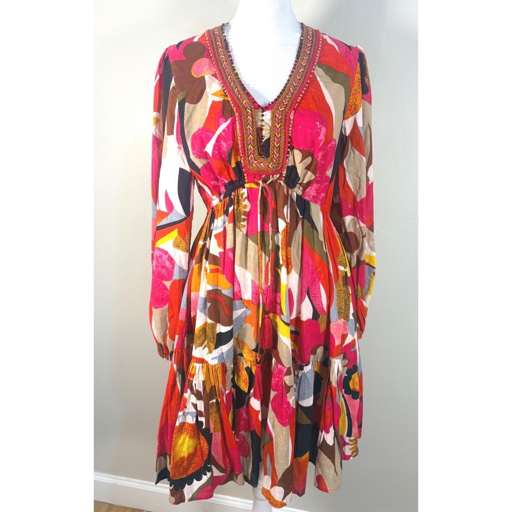 Kaktus Floral Mini Dress Womens Small Multicolor Excellent Embroidered Boho